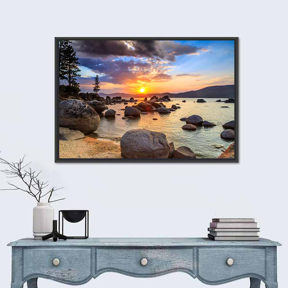 Lake Tahoe Sunset with Boulders Wall Art in a room, landscape
