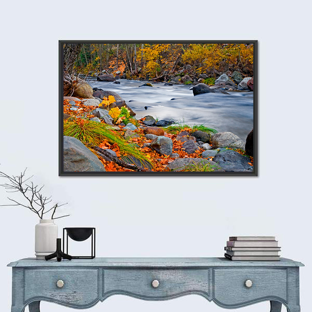 Golden Autumn Forest Creek Wall Art in a room, landscape