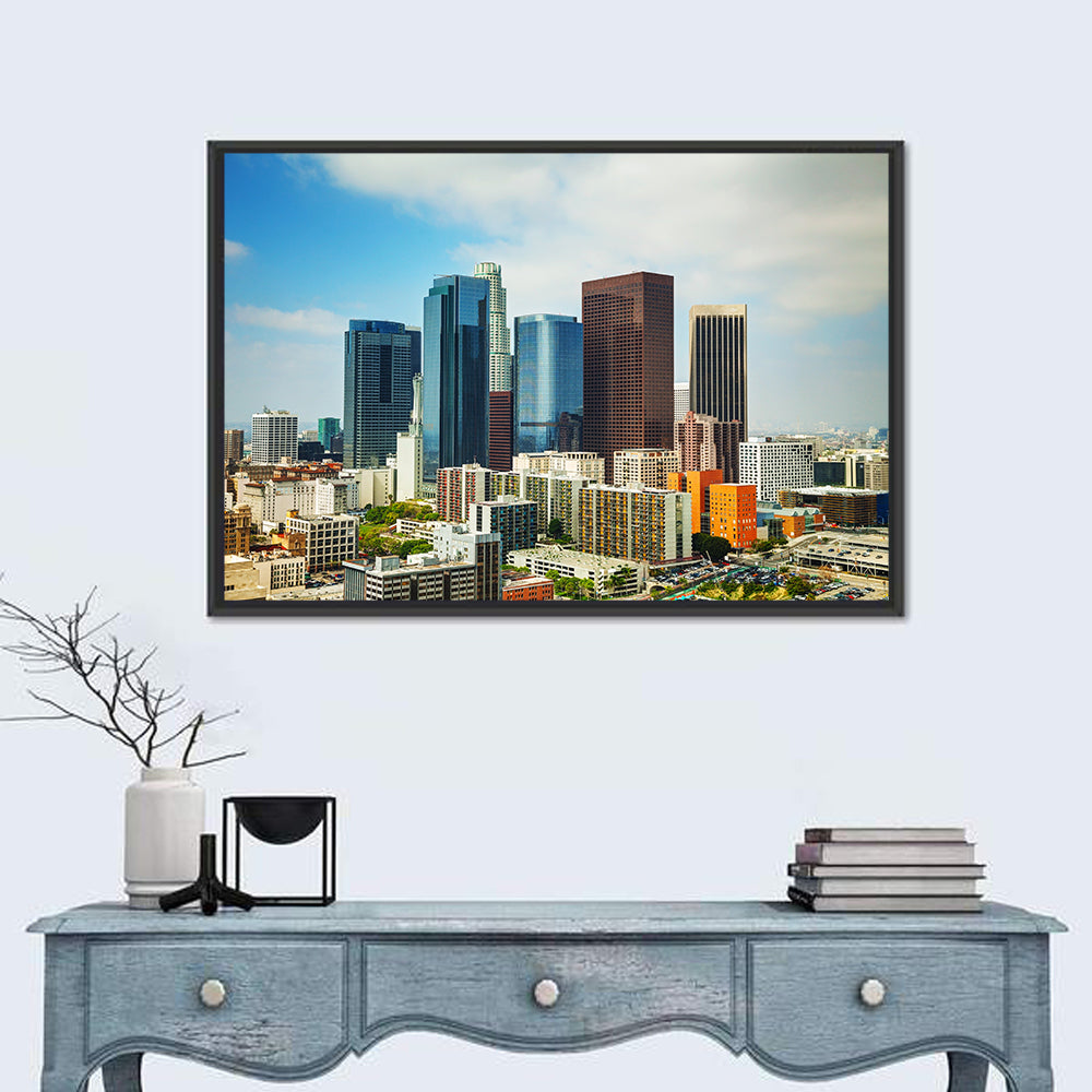 Downtown Los Angeles Skyline Cityscape Wall Art in a room, landscape