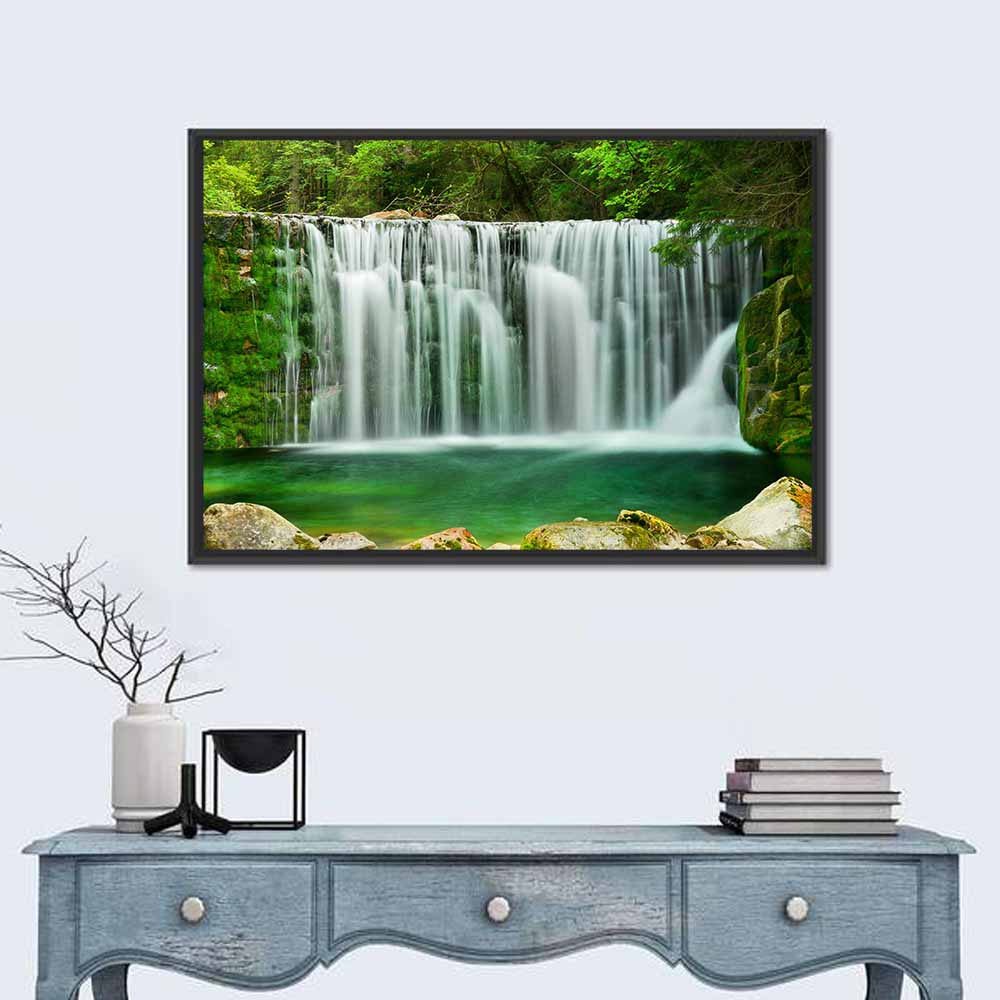 Emerald Lake Waterfall Wall Art in a room, landscape