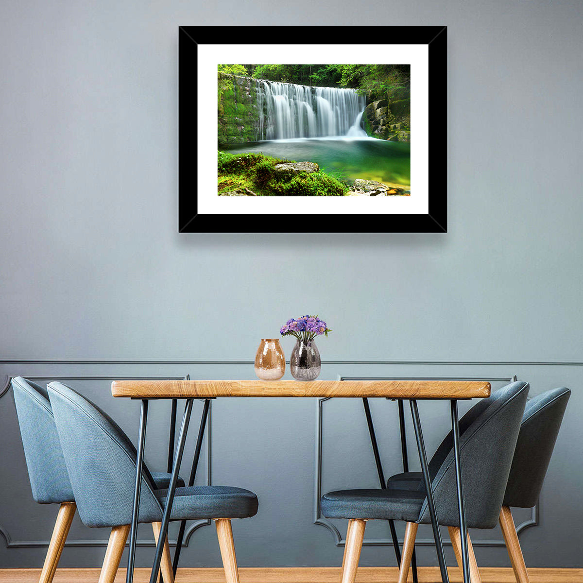Emerald Forest Waterfall with Mossy Stones Wall Art in a room, landscape