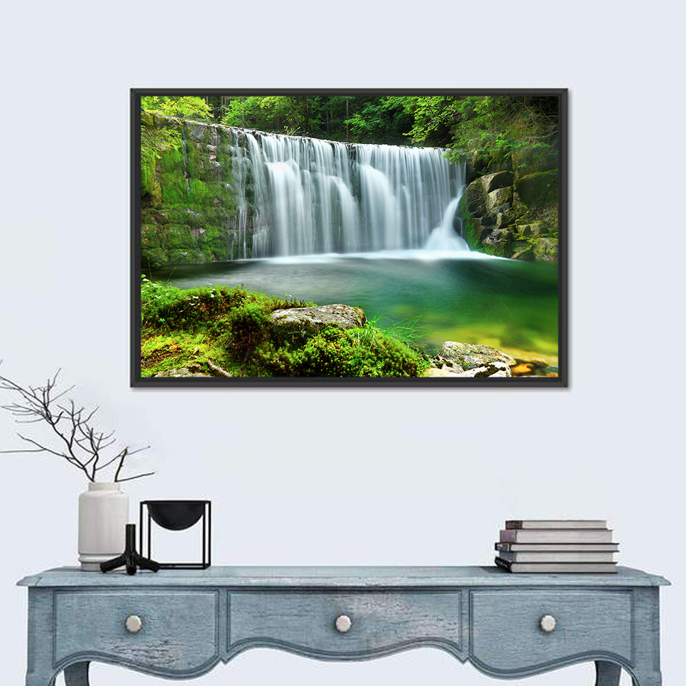 Emerald Forest Waterfall with Mossy Stones Wall Art in a room, landscape