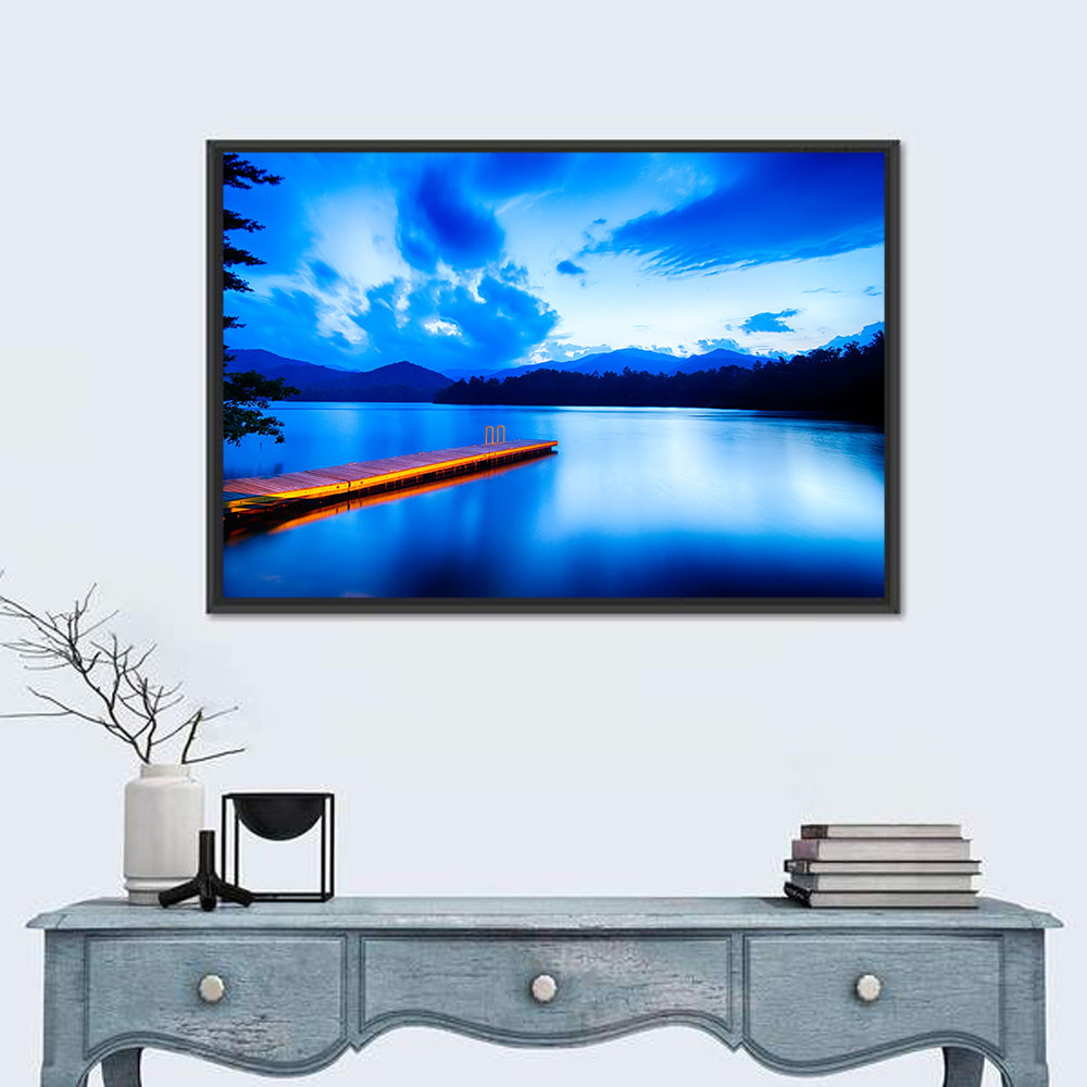 Lake Santeetlah Pier at Dusk Wall Art in a room, landscape