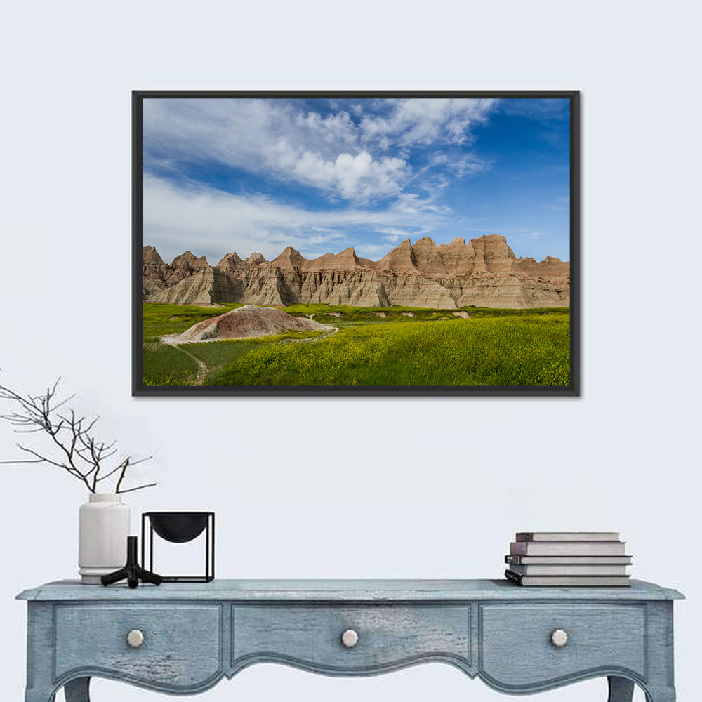 Badlands Meadow and Rock Formations Wall Art in a room, landscape