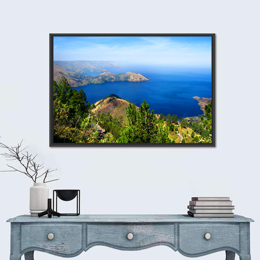Lake Toba Aerial View Wall Art in a room, landscape