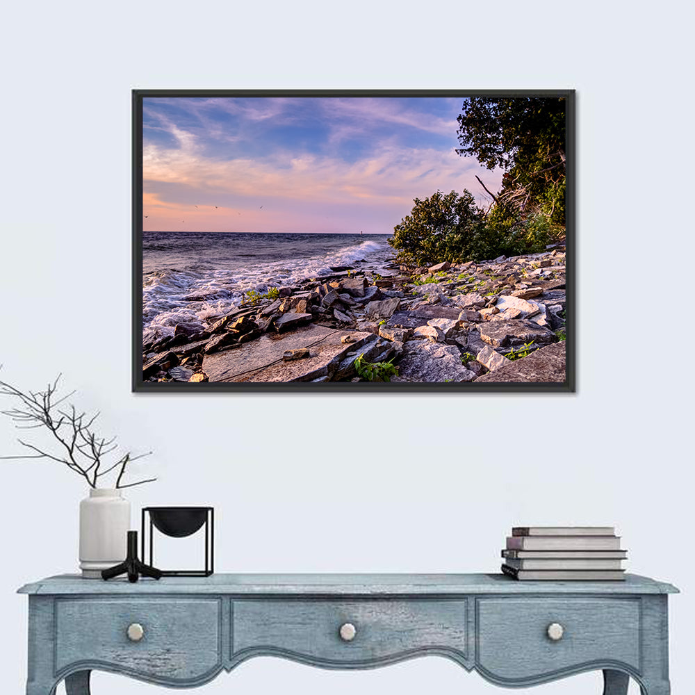Lake Michigan Rocky Shoreline at Dusk Wall Art in a room, landscape