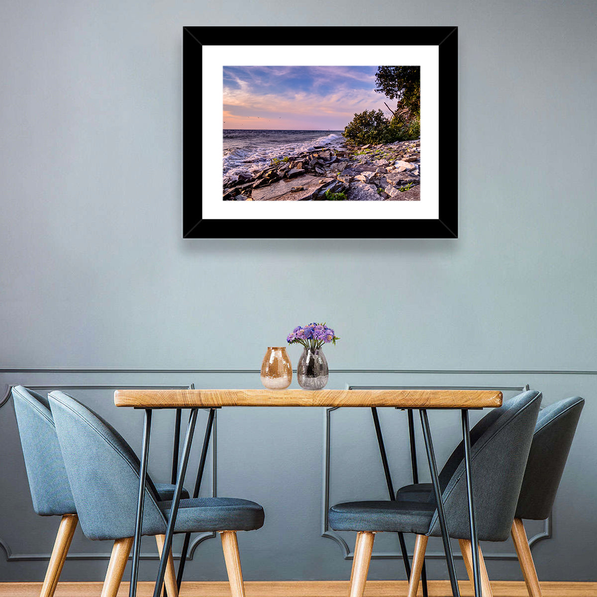 Lake Michigan Rocky Shoreline at Dusk Wall Art in a room, landscape