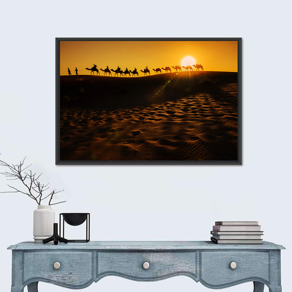 Camel Caravan Silhouette at Golden Sunset Wall Art in a room, landscape