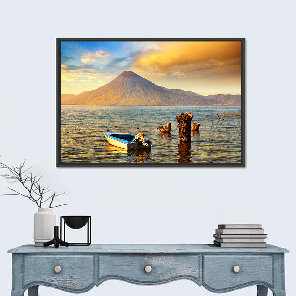 Lake Atitlan Sunset Wall Art in a room, landscape