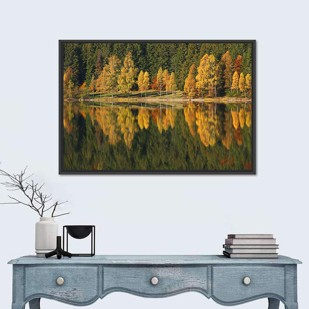 Saint Anna Lake Autumn Reflection Wall Art in a room, landscape