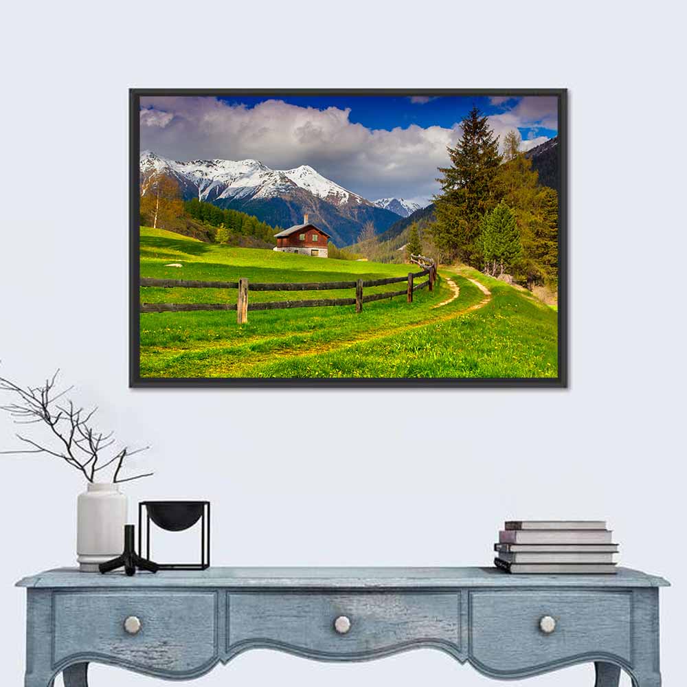 Alpine Meadow Cabin, Swiss Alps Wall Art in a room, landscape