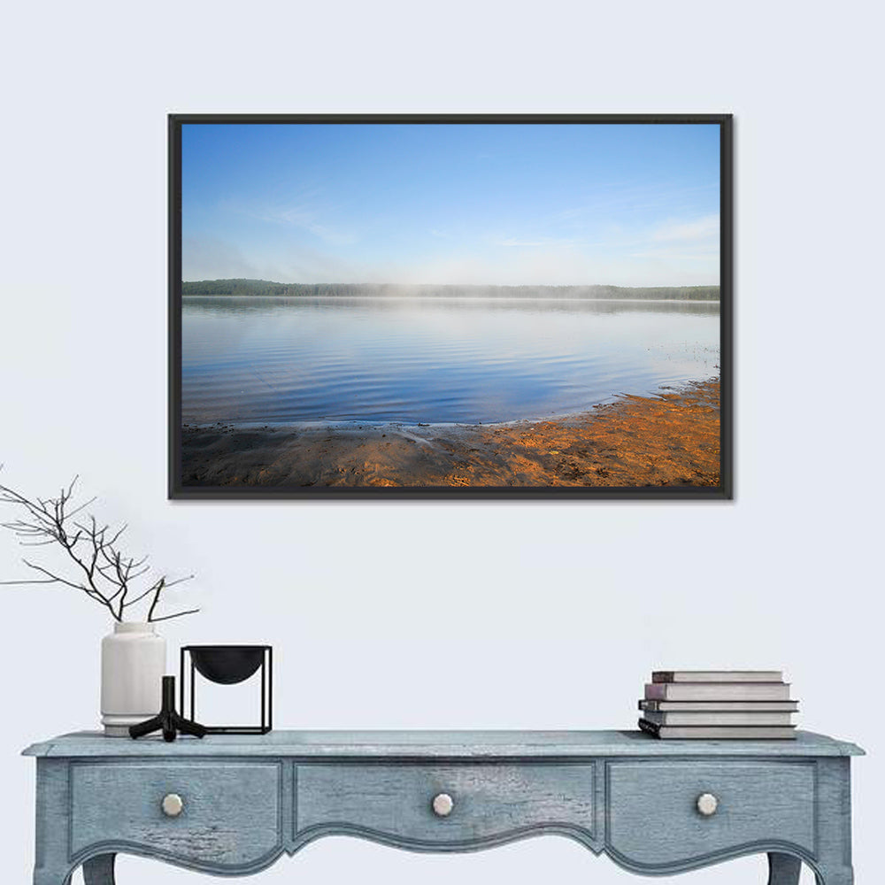 Morning Fog Over Abitibi Lake Wall Art in a room, landscape