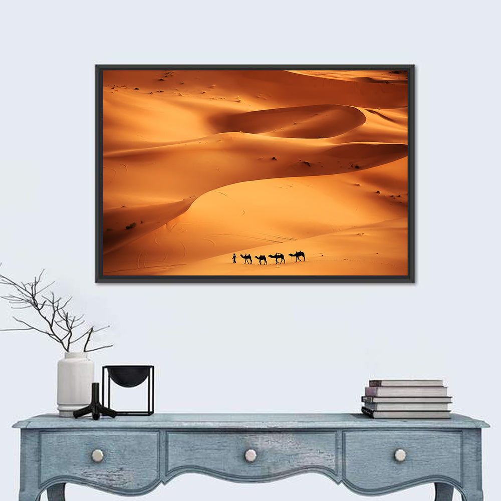 Desert Camel Caravan in Golden Dunes Wall Art in a room, landscape