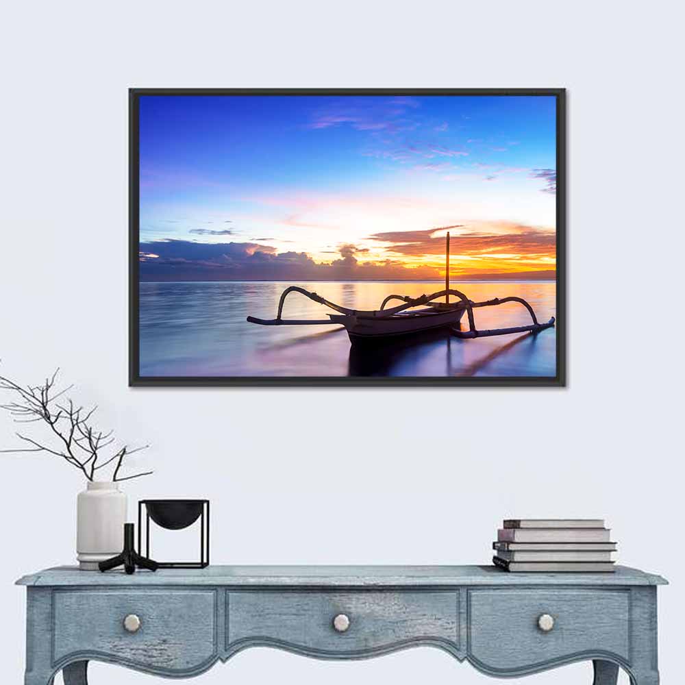Jukung Fishing Boat at Sunset Wall Art in a room, landscape