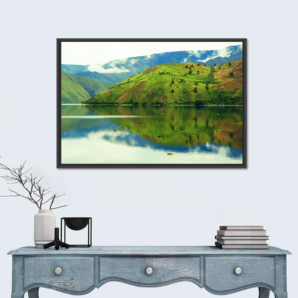 Lake Toba Reflection Wall Art in a room, landscape
