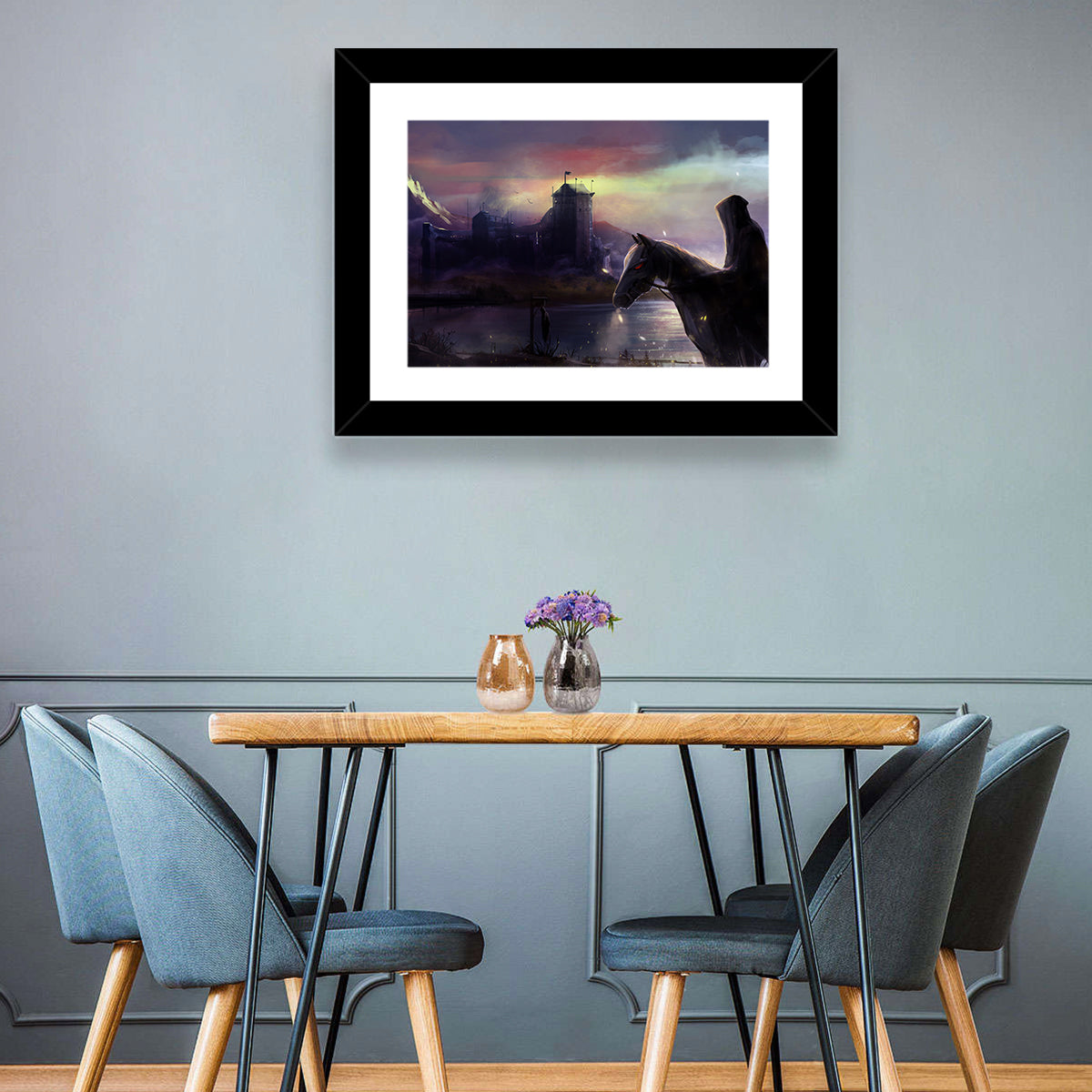 Horseman at Dusk by Misty Castle Wall Art in a room, landscape