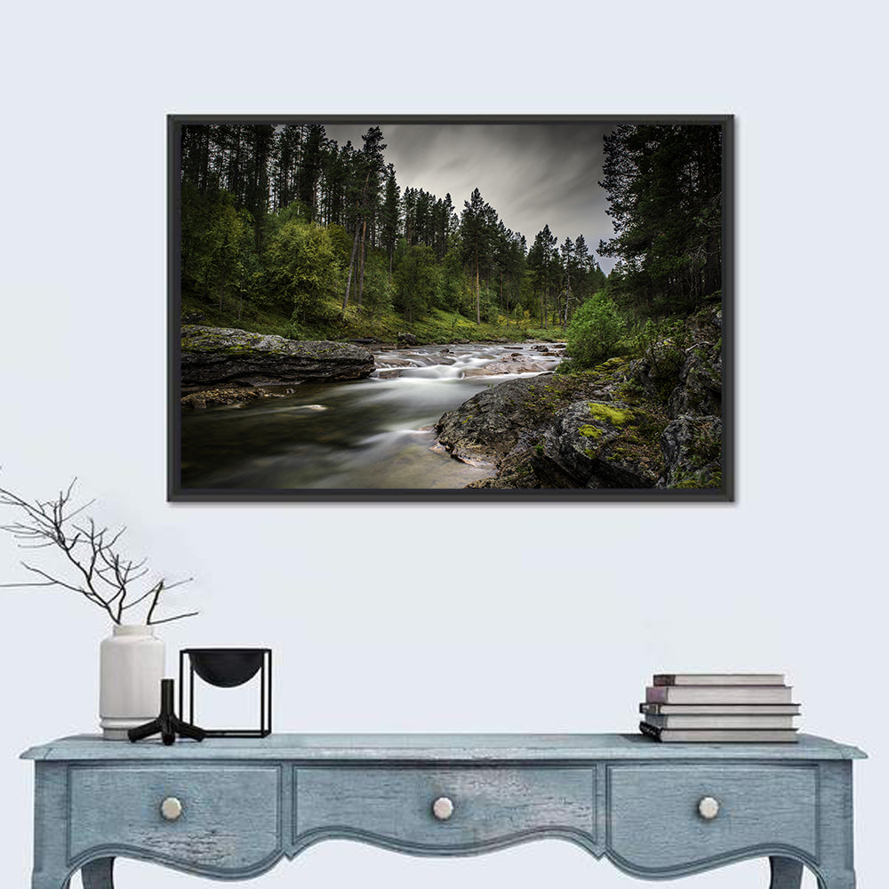 Mossy Forest Stream Wall Art in a room, landscape