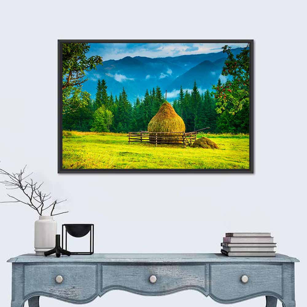 Haystack in Mountain Meadow Wall Art in a room, landscape