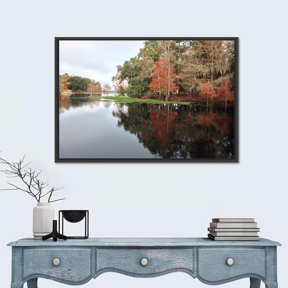 Autumn Lake Reflection Wall Art in a room, landscape