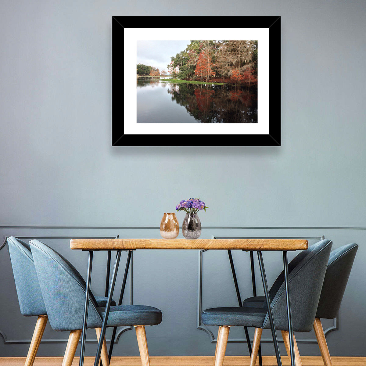 Autumn Lake Reflection Wall Art in a room, landscape