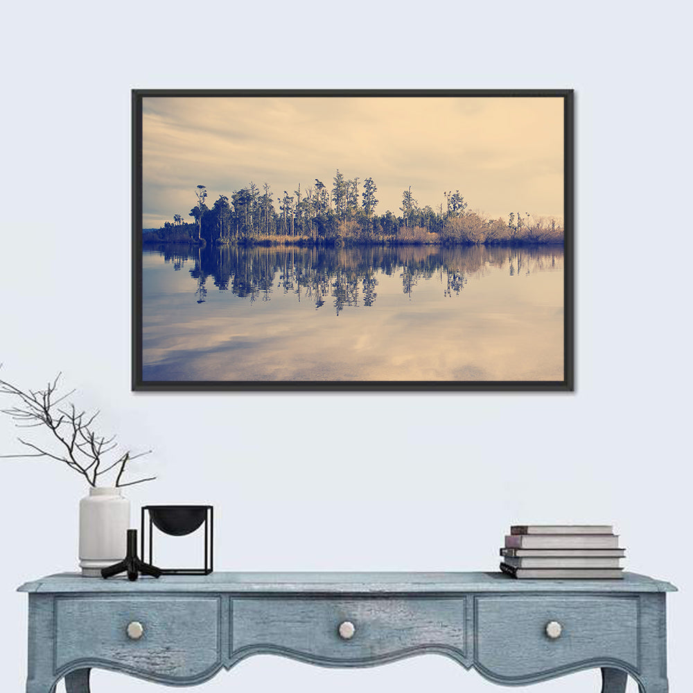 Sunset Over Forest Lake Wall Art in a room, landscape