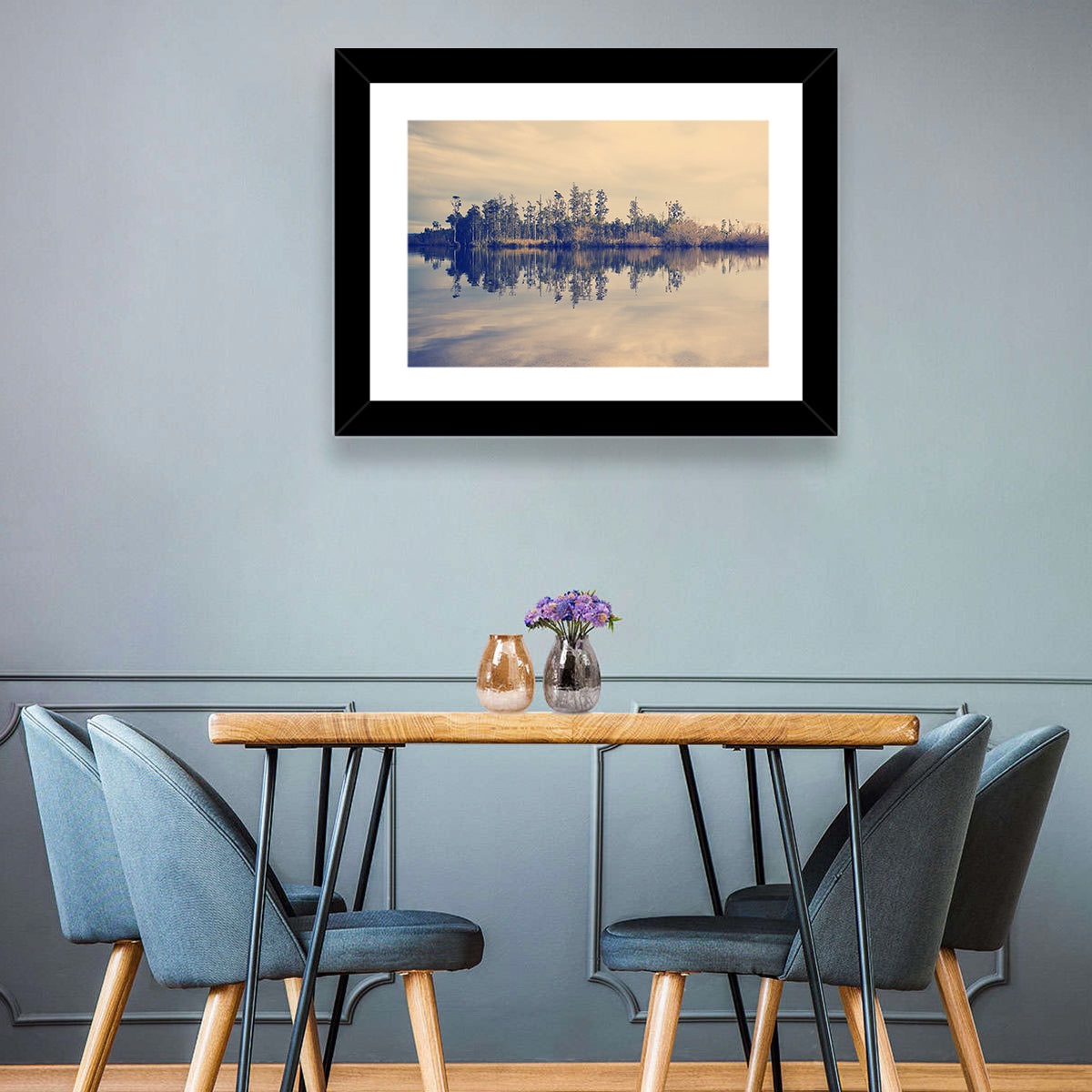 Sunset Over Forest Lake Wall Art in a room, landscape