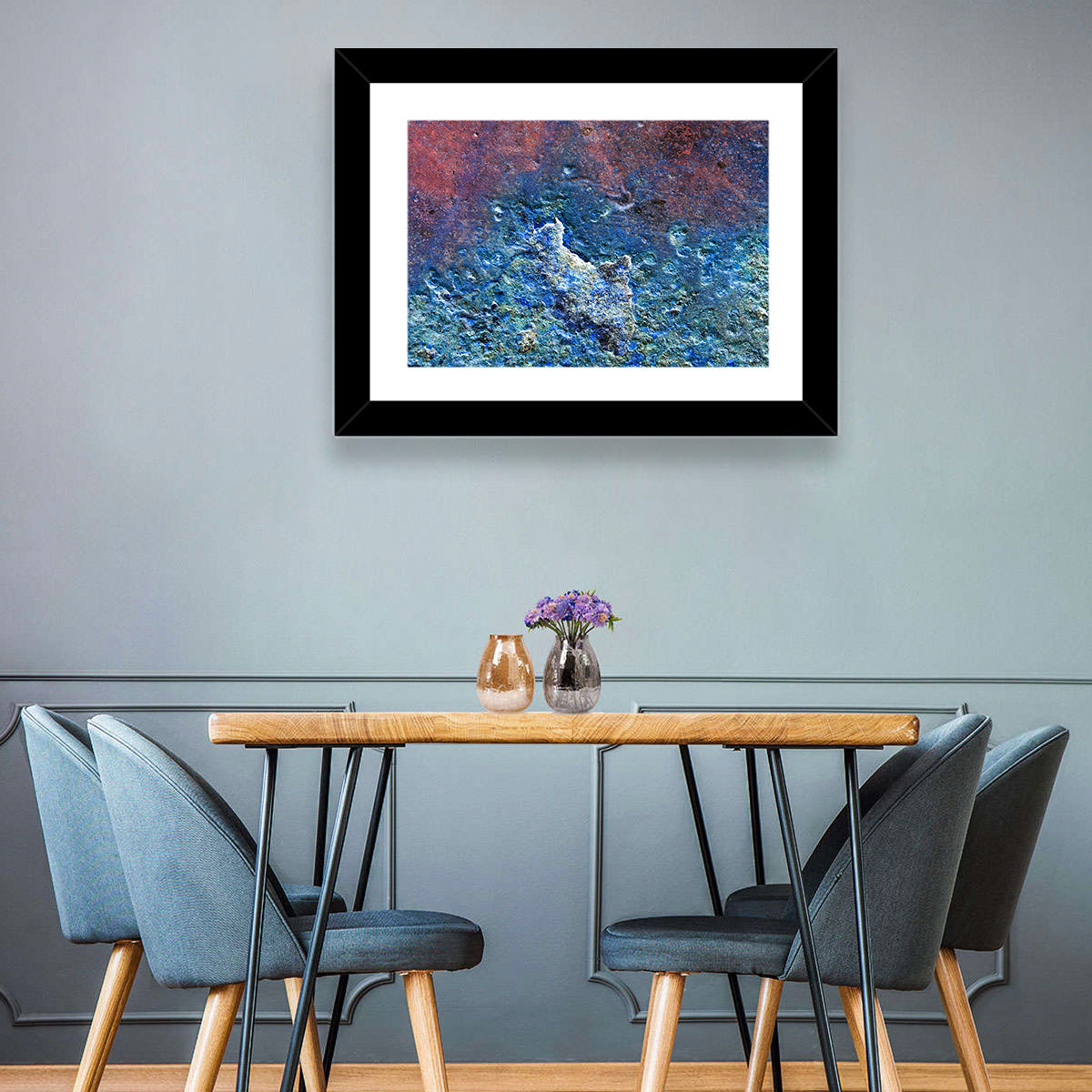 Weathered Metal Abstract Wall Art in a room, landscape