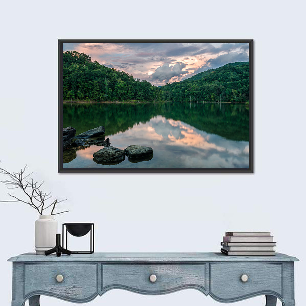 Martins Fork Lake Sunset Wall Art in a room, landscape