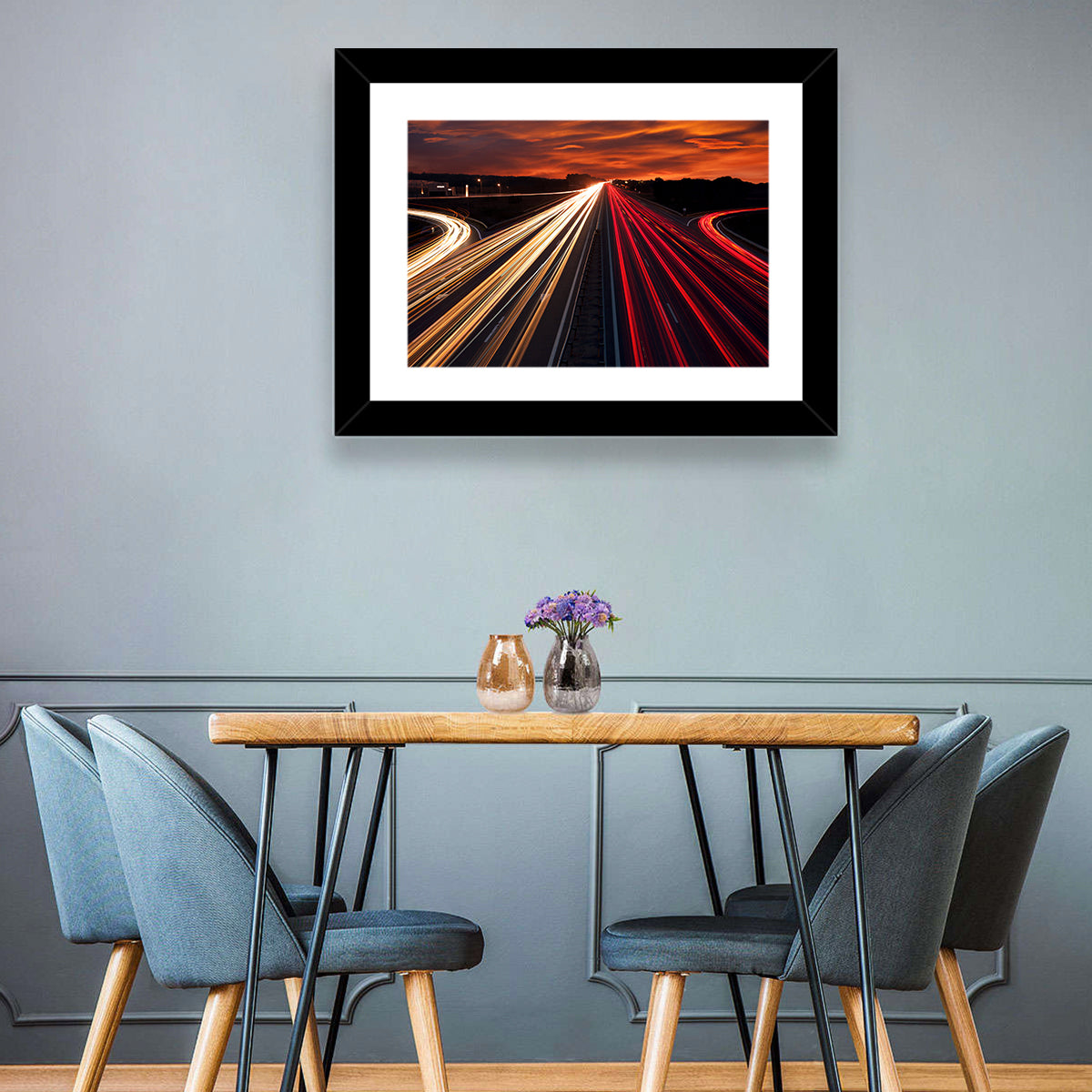 Sunset Highway Light Trails Wall Art in a room, landscape