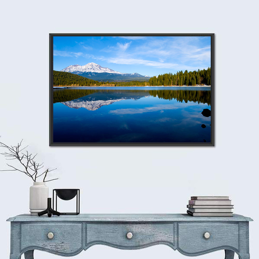 Northern California Snow Capped Lake Wall Art in a room, landscape