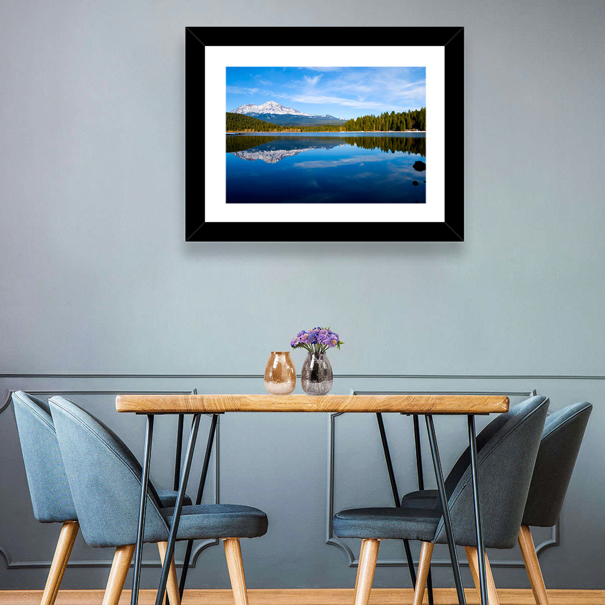 Northern California Snow Capped Lake Wall Art in a room, landscape