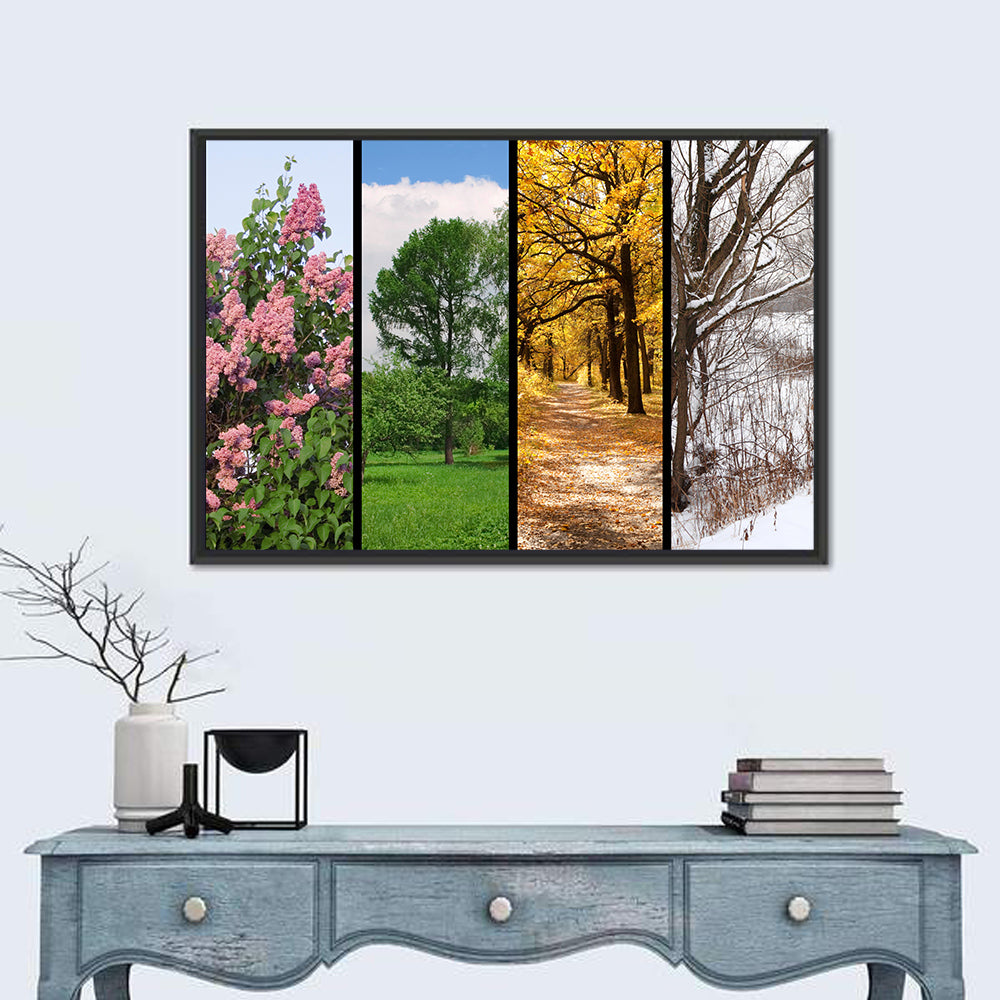 Four Seasons Tree Collage Wall Art in a room, landscape