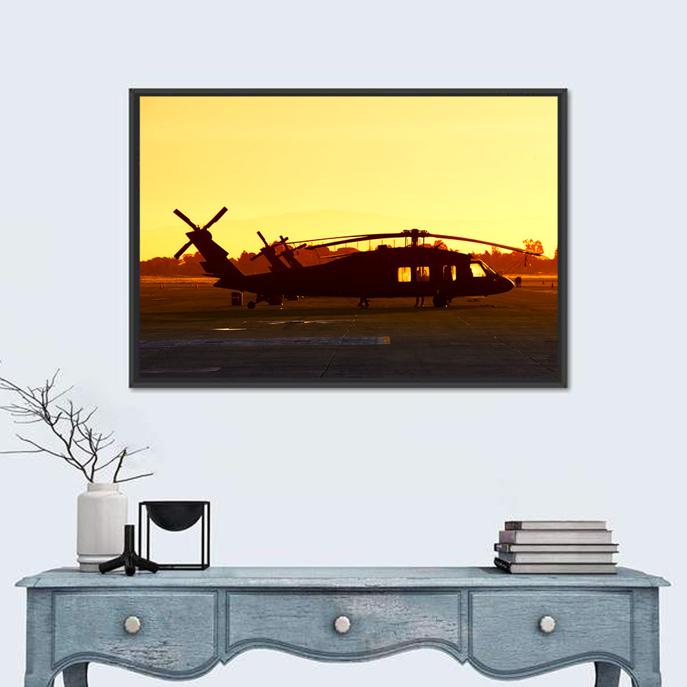 Row of Military Helicopters at Dusk Wall Art in a room, landscape