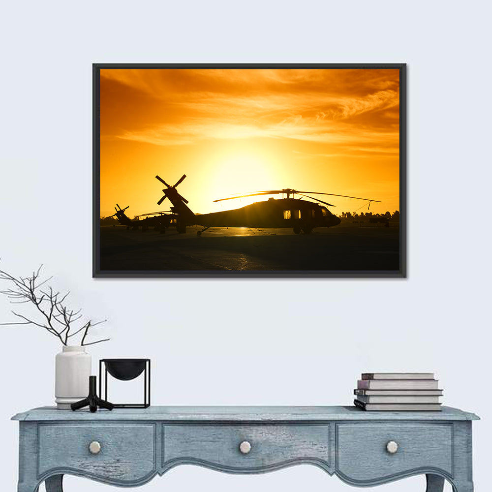 Helicopter Squadron at Sunset Wall Art in a room, landscape