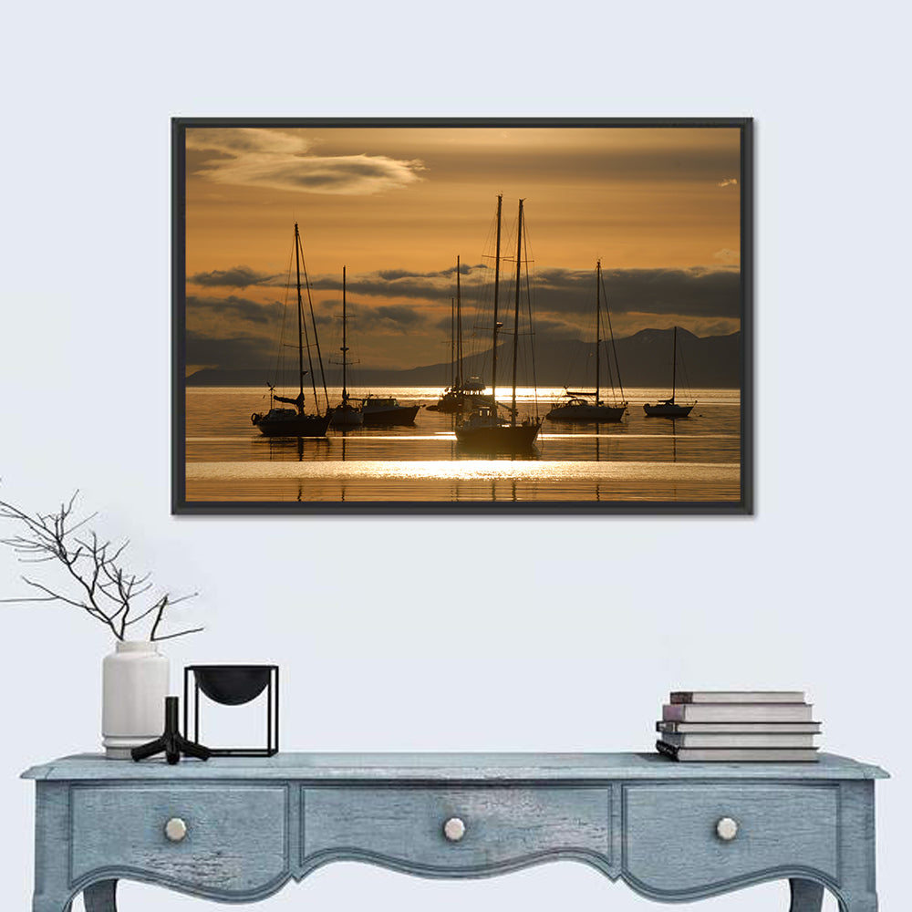 Sailboats at Sunrise Wall Art in a room, landscape