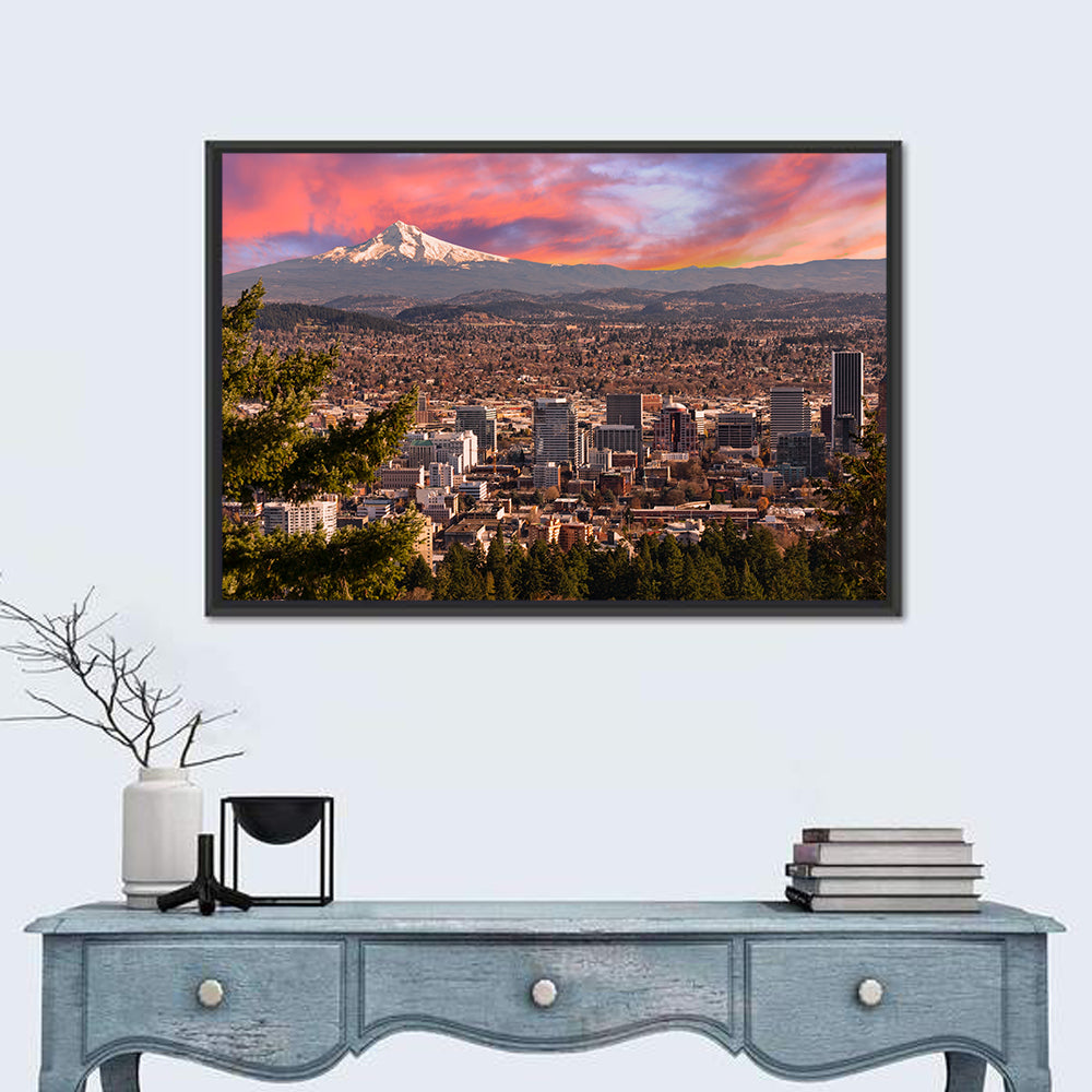 Portland Skyline at Sunset Wall Art in a room, landscape