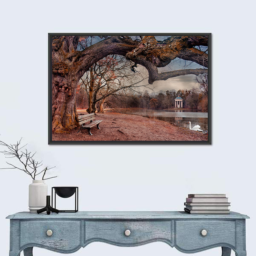 Autumn Pavilion with Swan Wall Art in a room, landscape