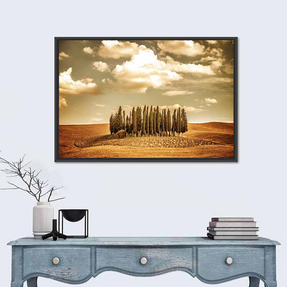 Tuscany Cypress Field Wall Art in a room, landscape