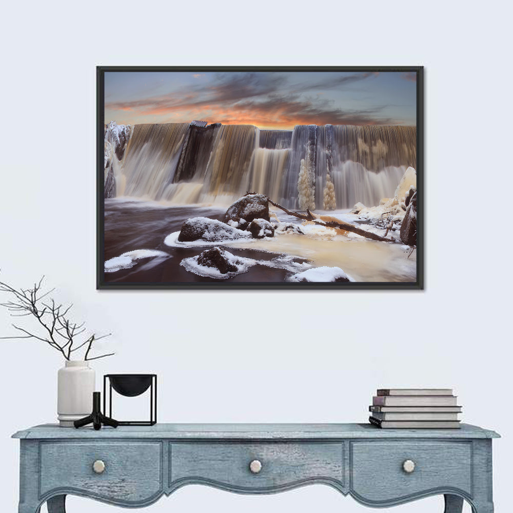 Frozen Waterfall at Sunset Wall Art in a room, landscape
