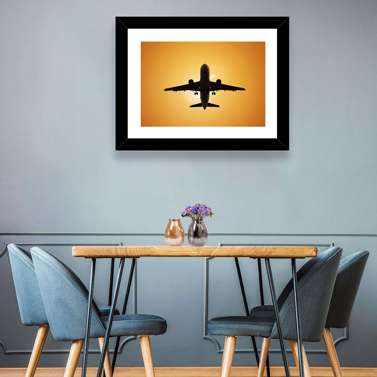 Sunset Jet Silhouette Wall Art in a room, landscape