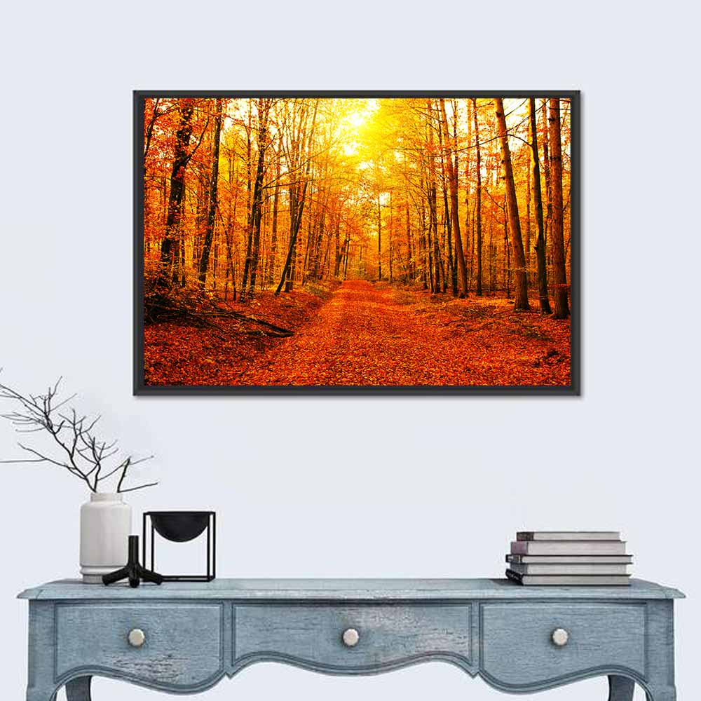 Golden Autumn Forest Path Wall Art in a room, landscape