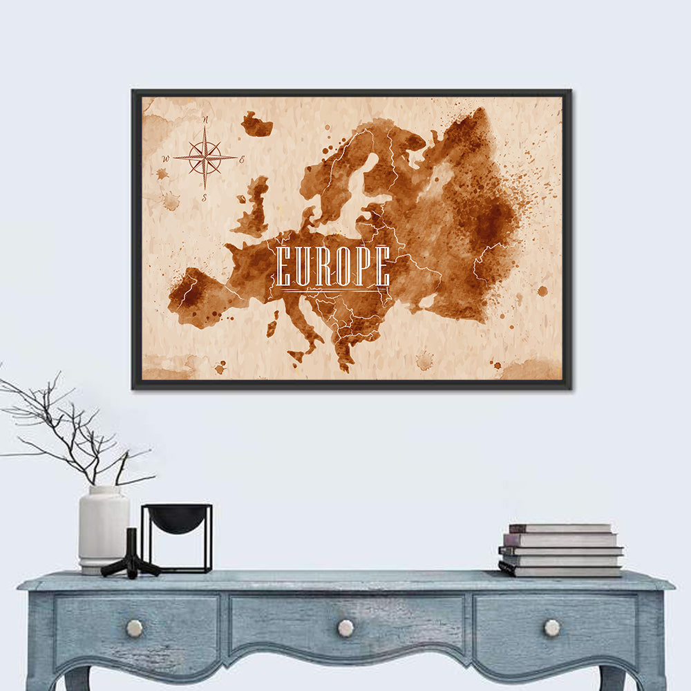 Retro Europe Map Wall Art in a room, landscape