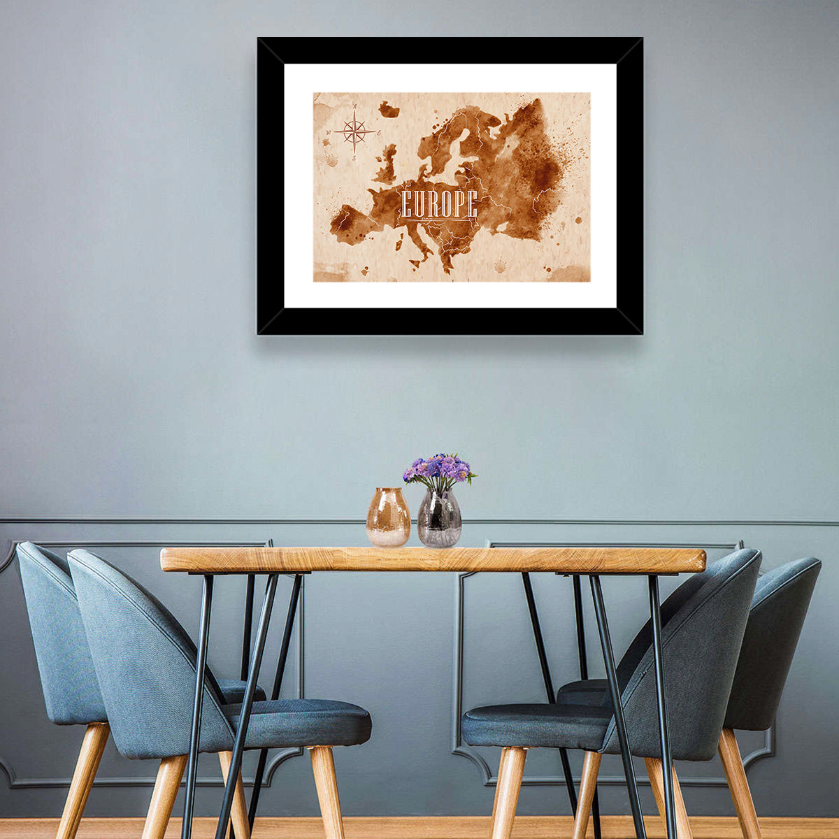 Retro Europe Map Wall Art in a room, landscape