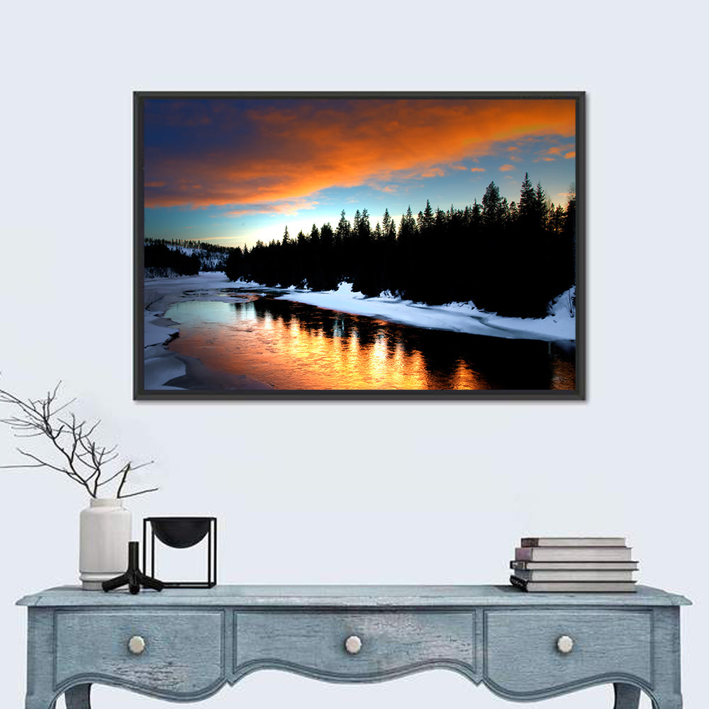 Golden Sunset Over Snowy River Wall Art in a room, landscape