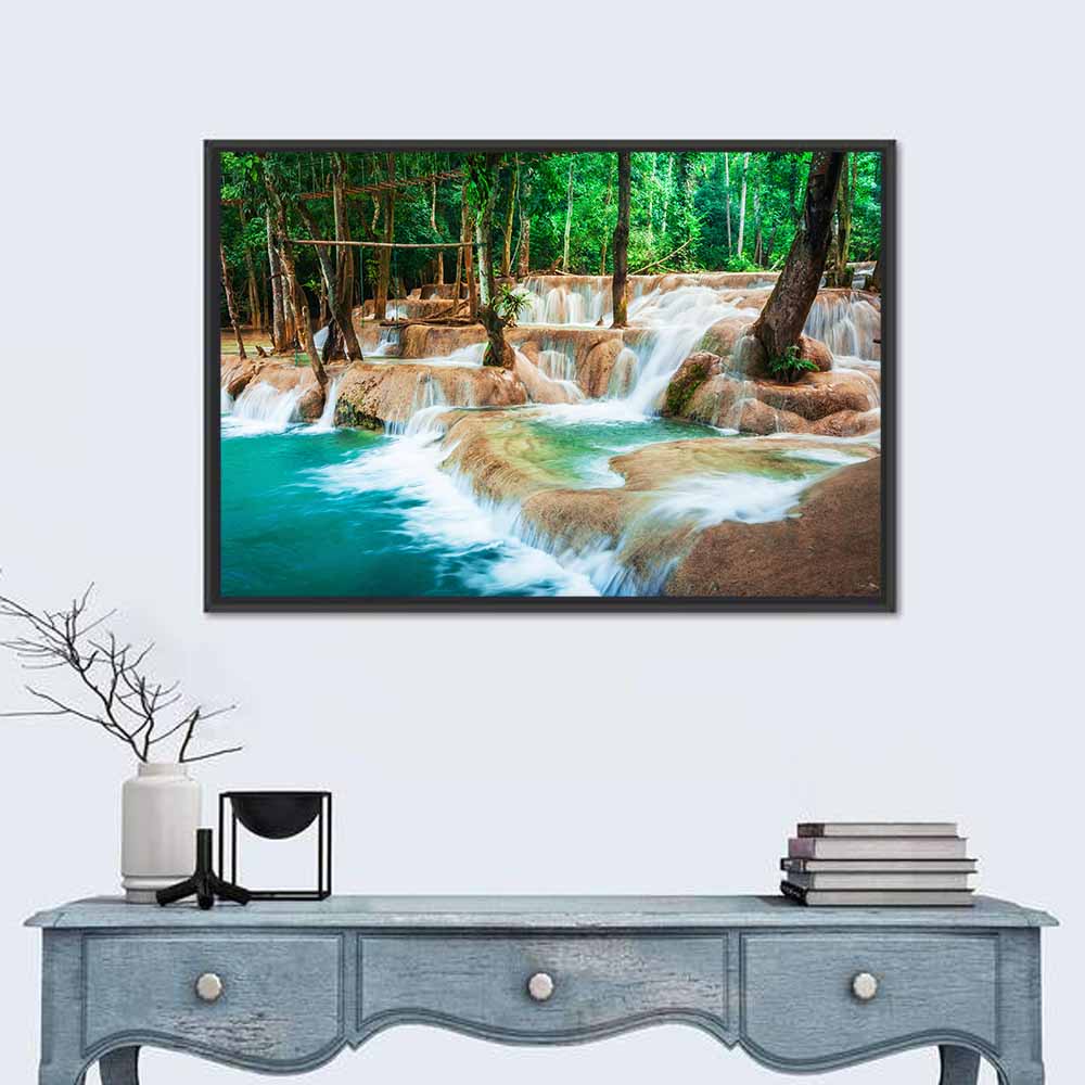 Kuang Si Waterfall Wall Art in a room, landscape