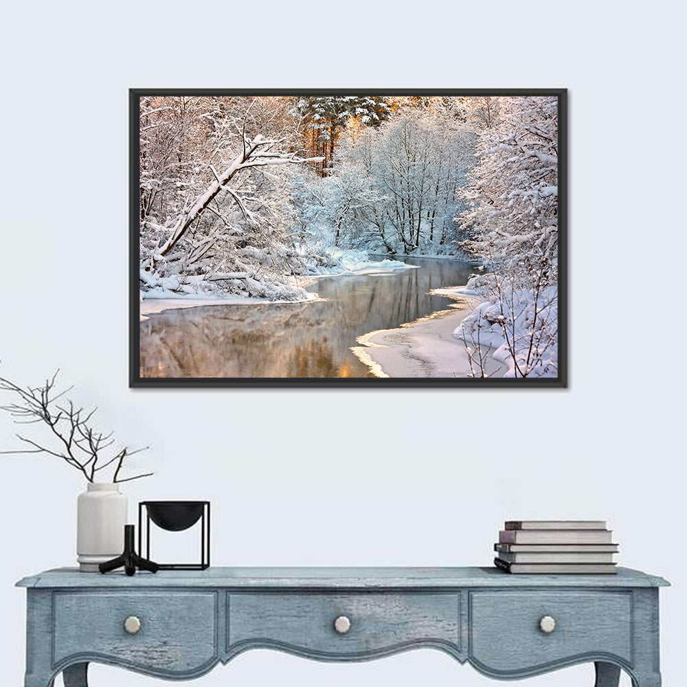 Snow-covered Stream at Golden Hour Wall Art