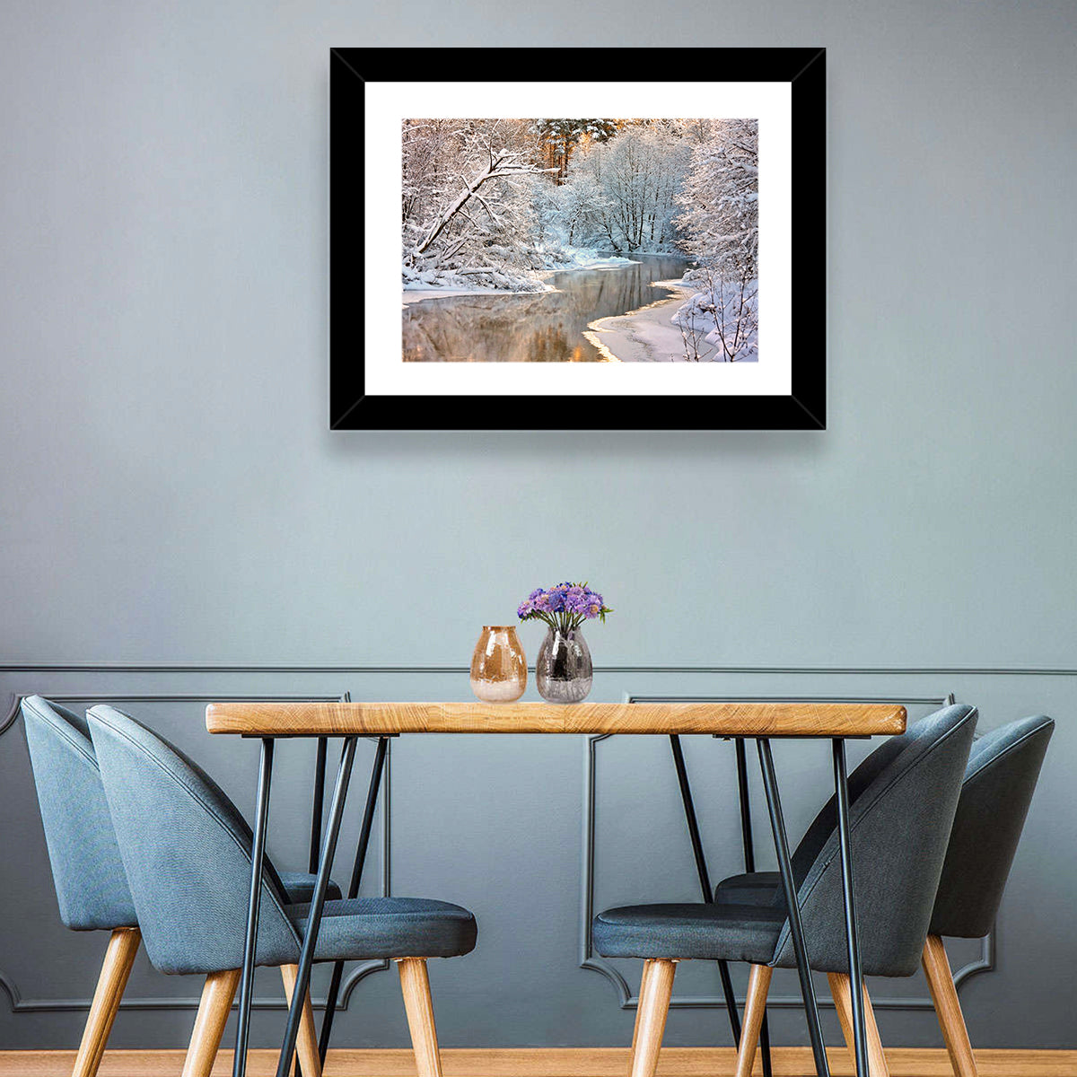 Snow-covered Stream at Golden Hour Wall Art in a room, landscape