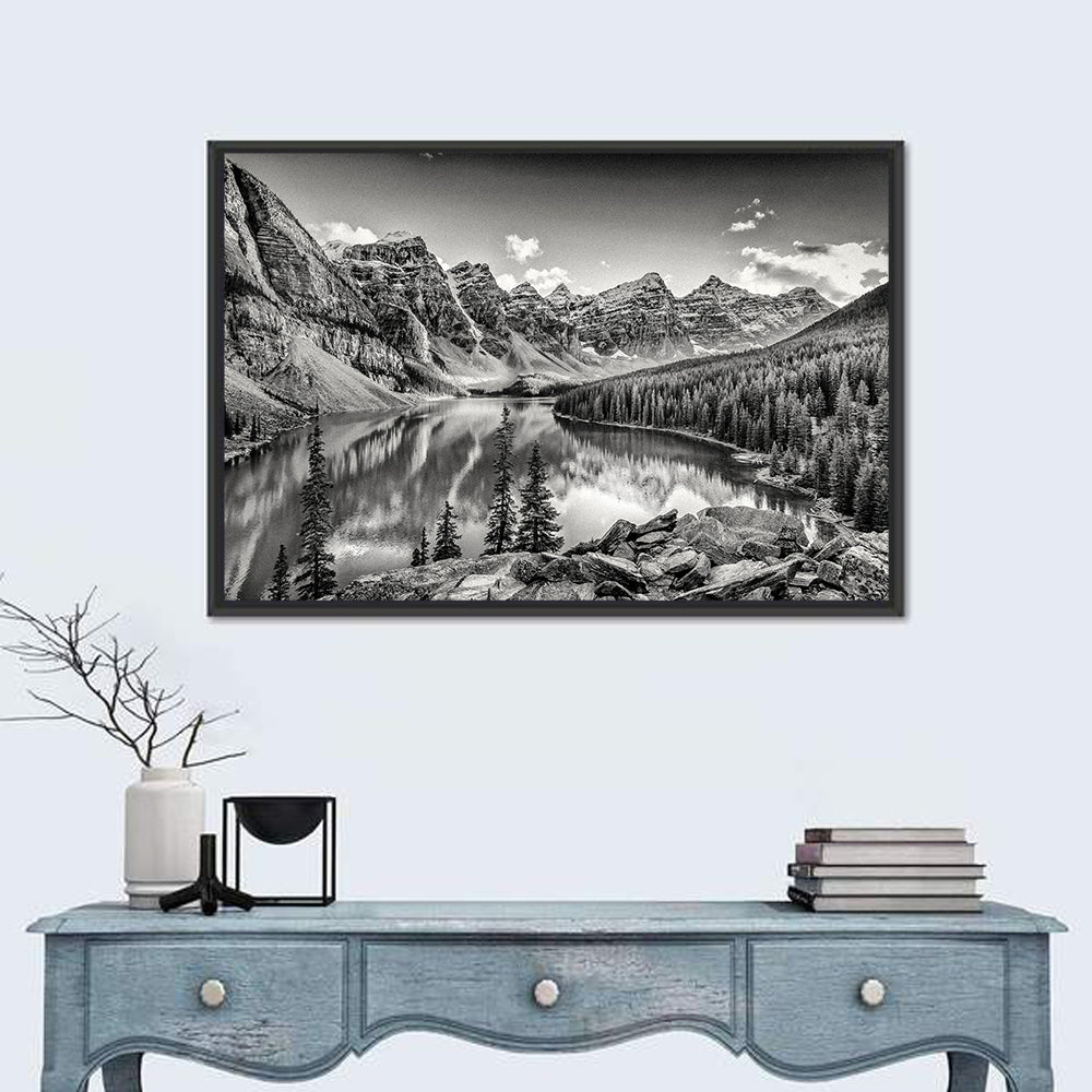 Moraine Lake Monochrome Mountain Landscape Wall Art in a room, landscape