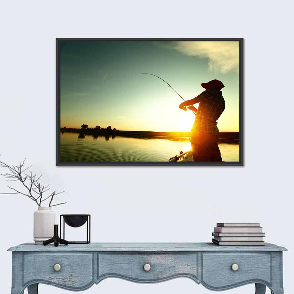 Sunset Fisherman Silhouette Wall Art in a room, landscape