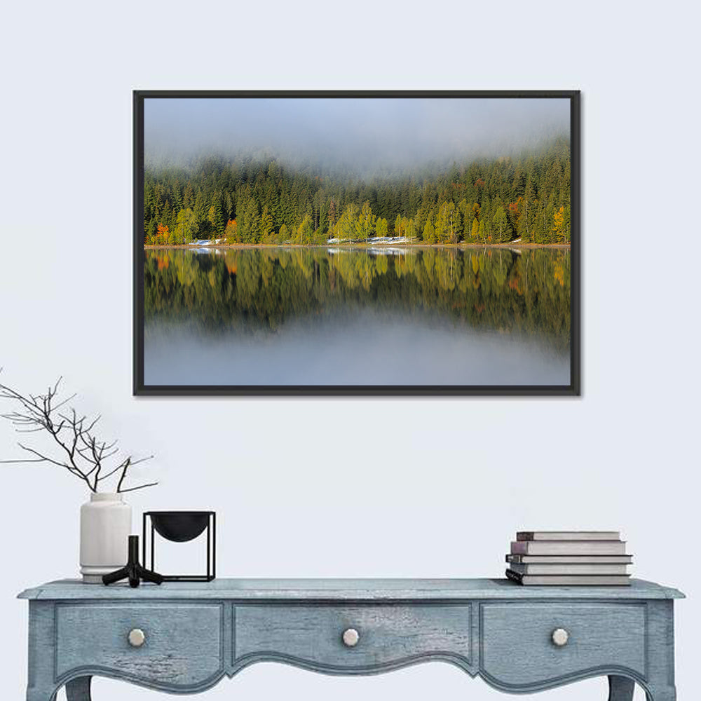 Saint Anna Lake Misty Reflection Wall Art in a room, landscape